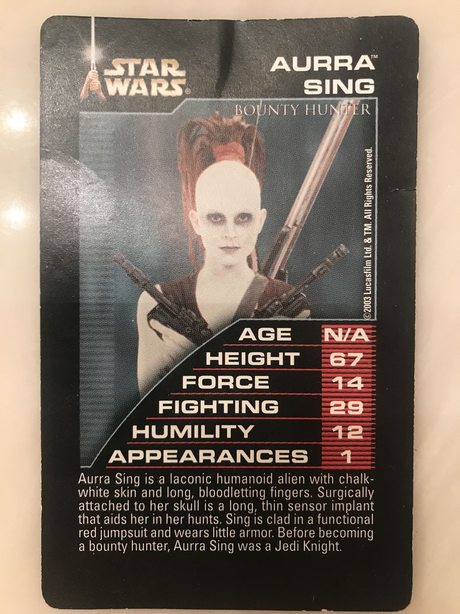 Vintage Top Trumps Star Wars Aurra Sing Bounty Hunter Trading Card 2003 collectible card stock