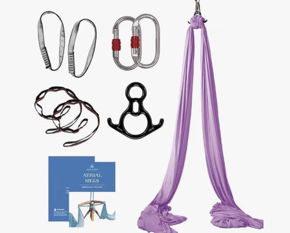 Aerial Silks Kit - Complete Aerial Yoga Equipment Set, Purple Fabric, Carabiners, Daisy Chain, Figure 8
