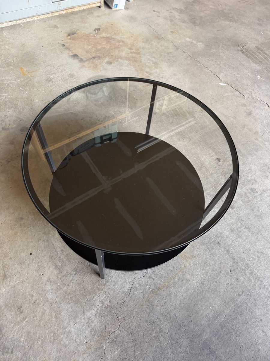 Round Glass Coffee Table with Black Metal Frame and Lower Shelf, 30" Diameter