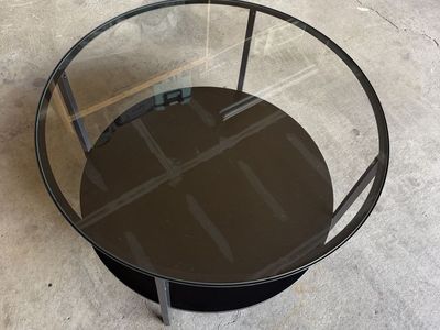 Round Glass Coffee Table with Black Metal Frame and Lower Shelf, 30" Diameter