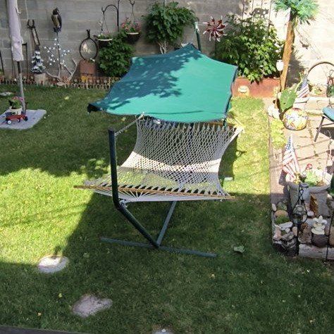 Outdoor Hammock with Stand and Green Canopy - Relaxing Patio Furniture