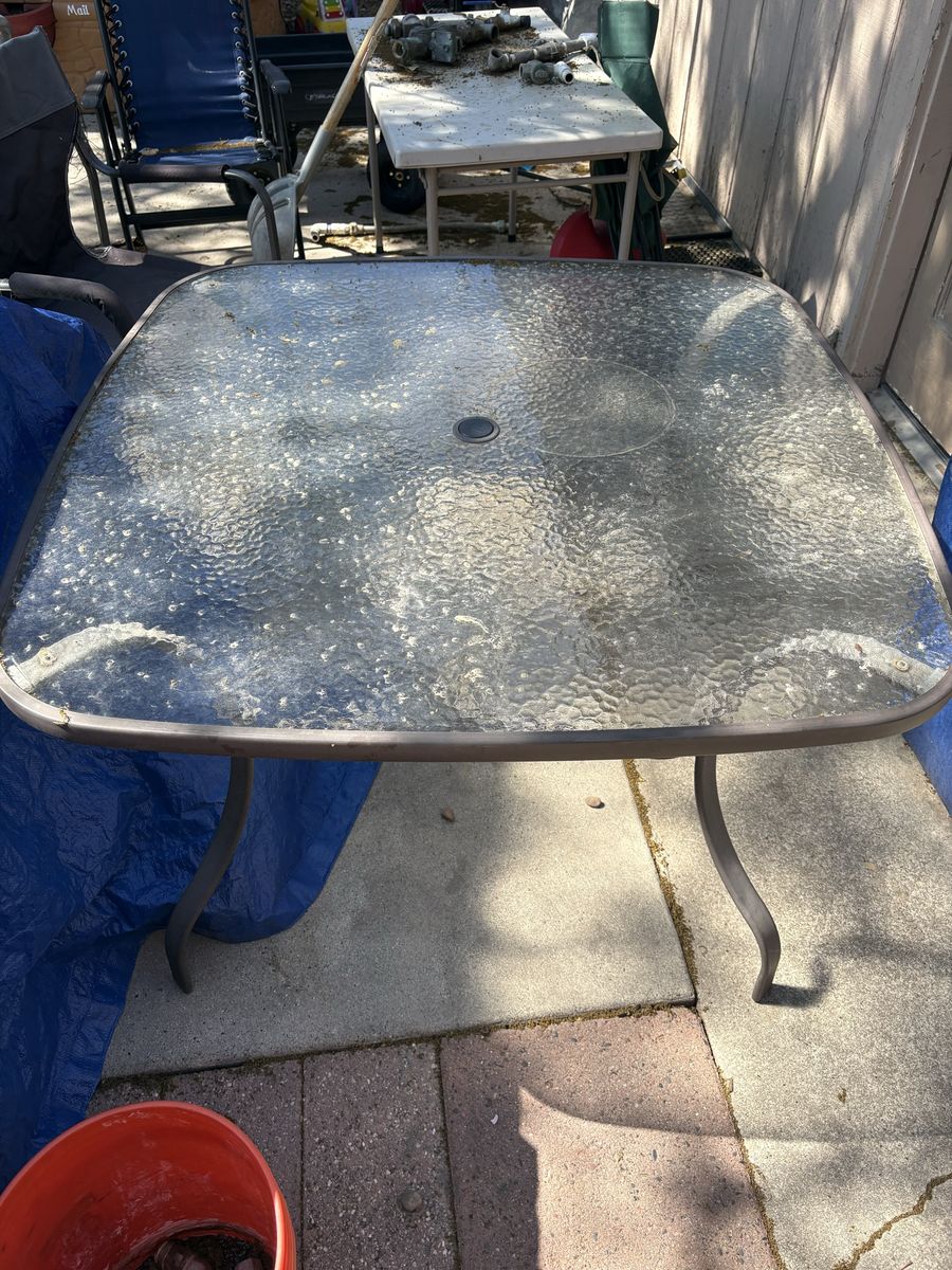 Outdoor Patio Square Glass-Top Dining Table, Weather-Resistant Frame, Umbrella Hole, UsedGood
