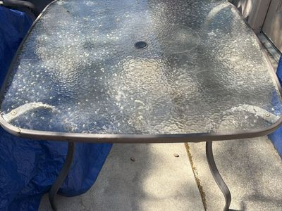 Outdoor Patio Square Glass-Top Dining Table, Weather-Resistant Frame, Umbrella Hole, UsedGood