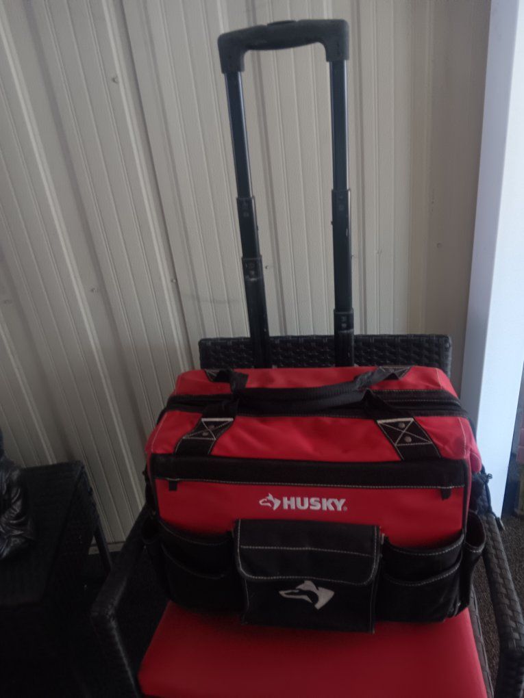 Husky 18-inch Rolling Tool Bag with Telescoping Handle, Red/Black, Heavy Duty Storage