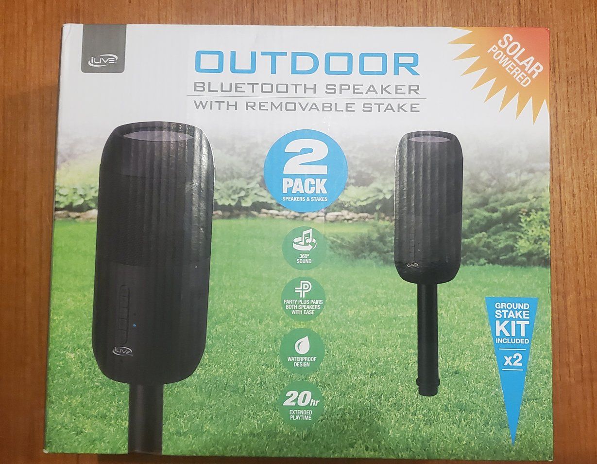 iLive Outdoor Bluetooth Speaker (2-Pack) w/ Removable Stakes, Solar Powered, Waterproof, 360 Sound