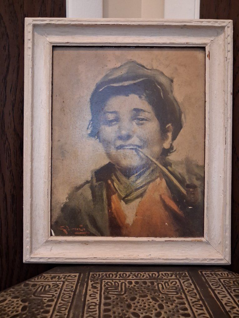 Framed Vintage Portrait Painting of Boy Smoking Pipe - Signed Art