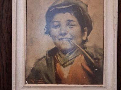 Framed Vintage Portrait Painting of Boy Smoking Pipe - Signed Art