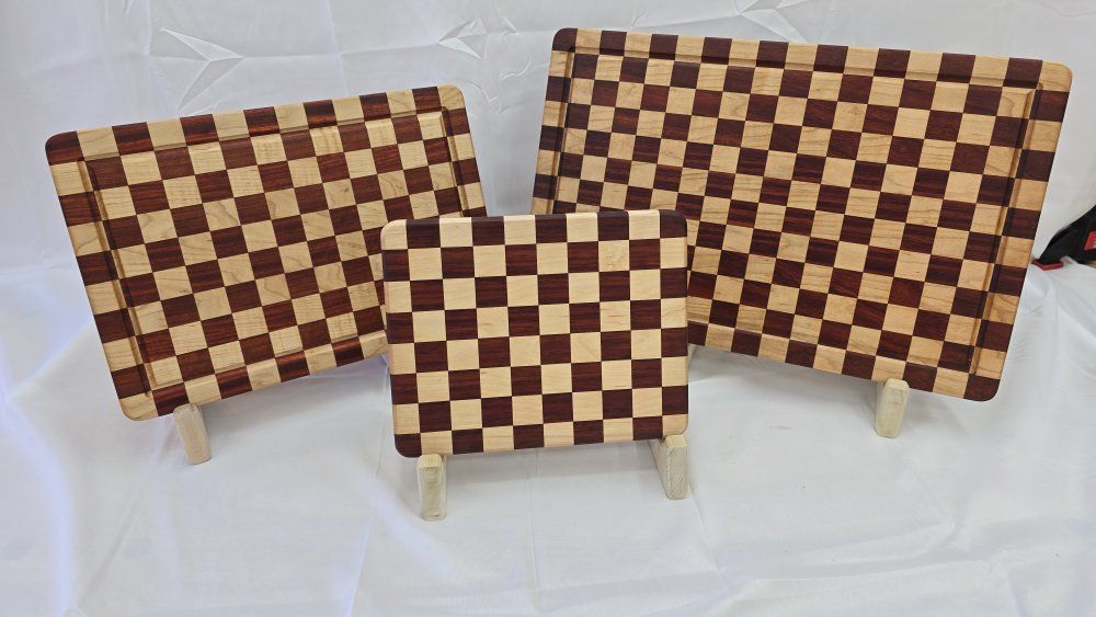Handmade Checkered Wood Cutting Boards - Set of 3 (Large, Medium, Small) with Juice Grooves