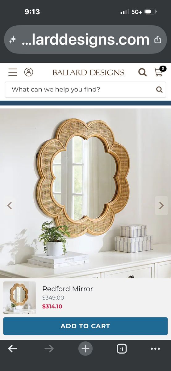 Ballard Designs Redford Mirror - Scalloped Rattan Frame Wall Decor