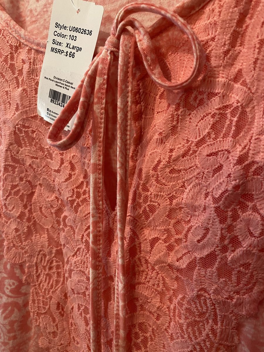 NEW! Weekend Suzanne Betro Women's XL Pink Paisley Floral Lace Notch Neck Tunic NWT - C PIX