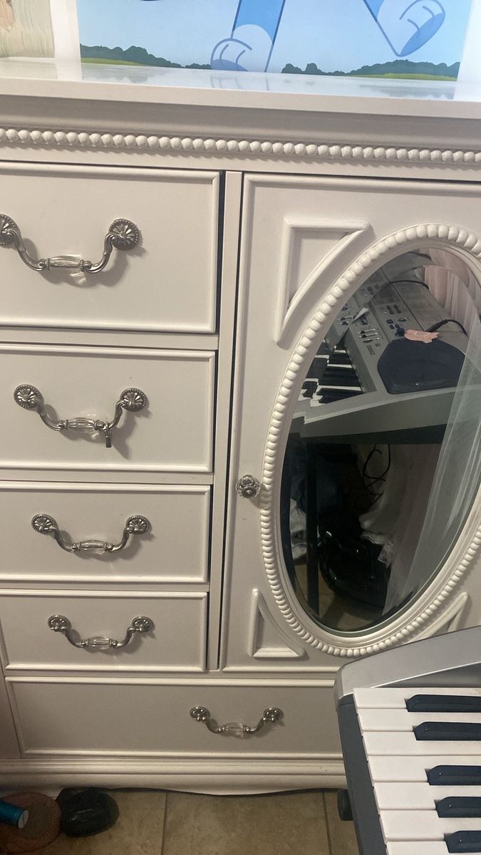 Vintage Style White Dresser Armoire with Oval Mirror and Carved Floral Details