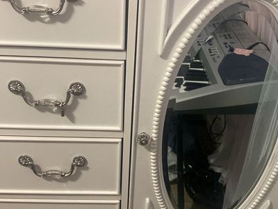 Vintage Style White Dresser Armoire with Oval Mirror and Carved Floral Details