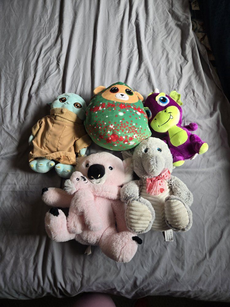 Assorted Plush Toy Lot: The Child (Baby Yoda), Pink Koala, and More Stuffed Animals