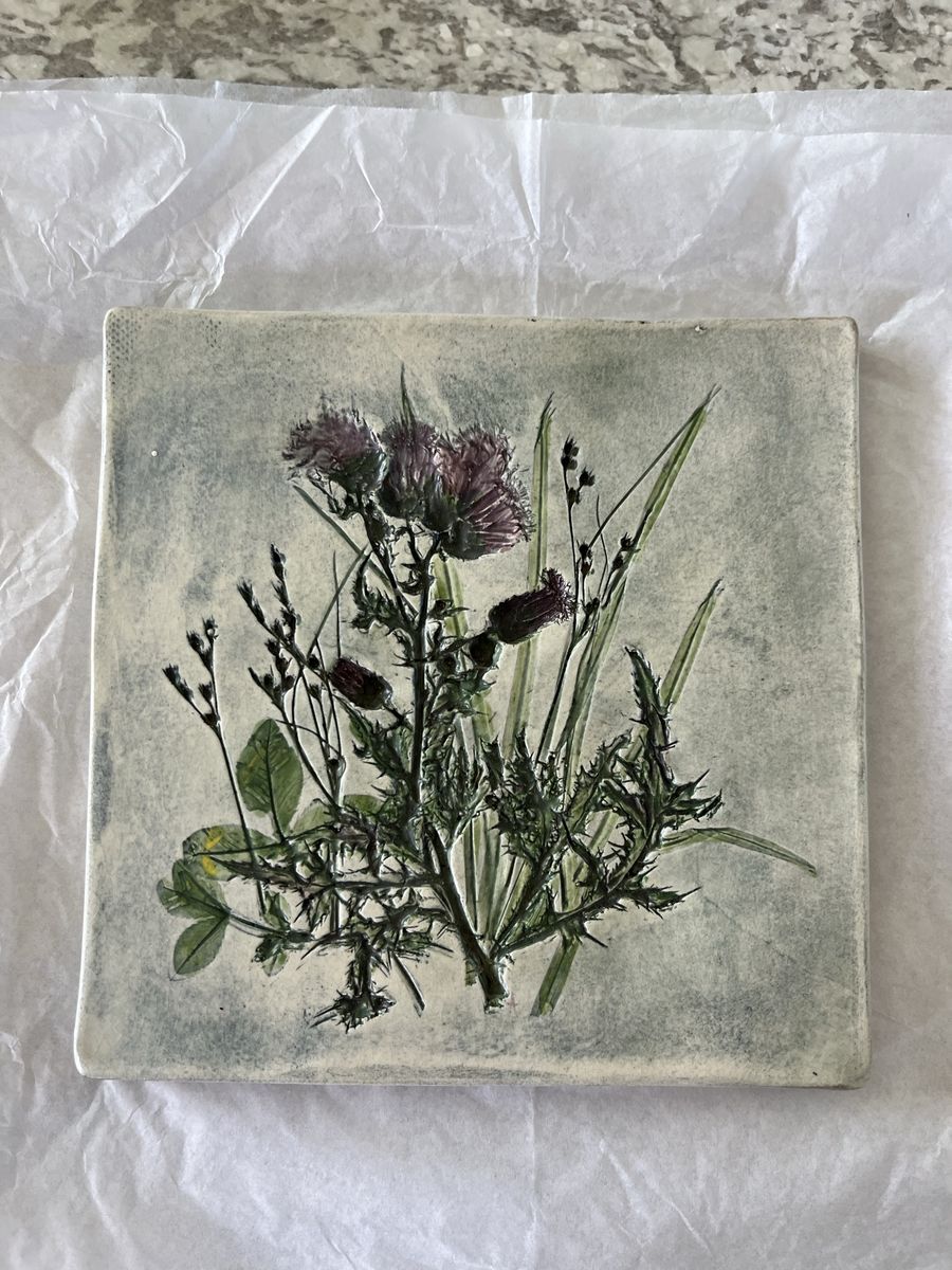 Salt Marsh Pottery - Handmade - Decorative Botanical Thistle Ceramic Tile Wall Hanging Art