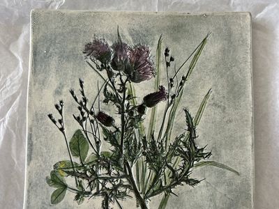 Salt Marsh Pottery - Handmade - Decorative Botanical Thistle Ceramic Tile Wall Hanging Art