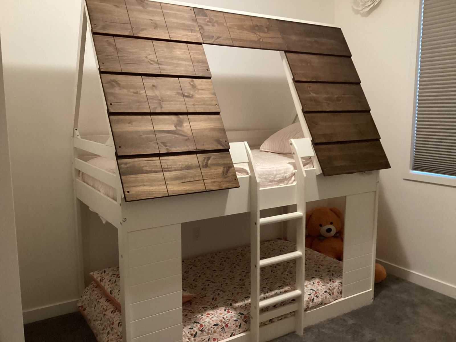 Custom Built House Frame Bunk Bed - Twin Size, White with Wood Roof, Kids Fun Sleeping Solution