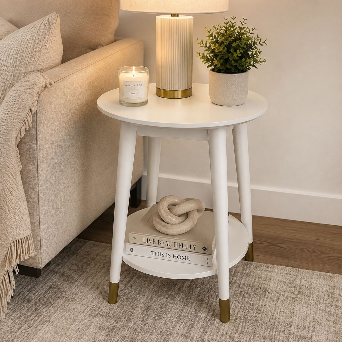 Modern White Round End Table with Storage Shelf and Gold-Cap Legs 24” tall side table nightstand accent table