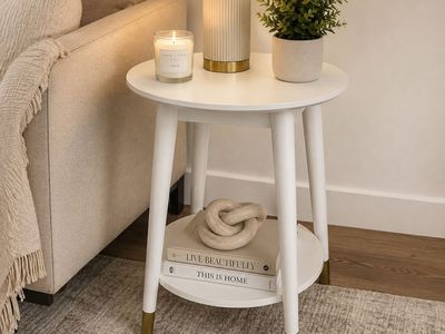 Modern White Round End Table with Storage Shelf and Gold-Cap Legs 24” tall side table nightstand accent table