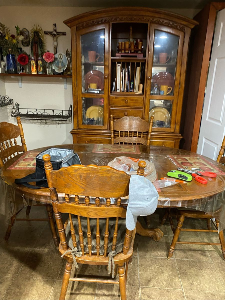 Wooden Dining Table with 4 Chairs and Hutch Set