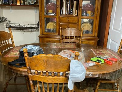 Wooden Dining Table with 4 Chairs and Hutch Set