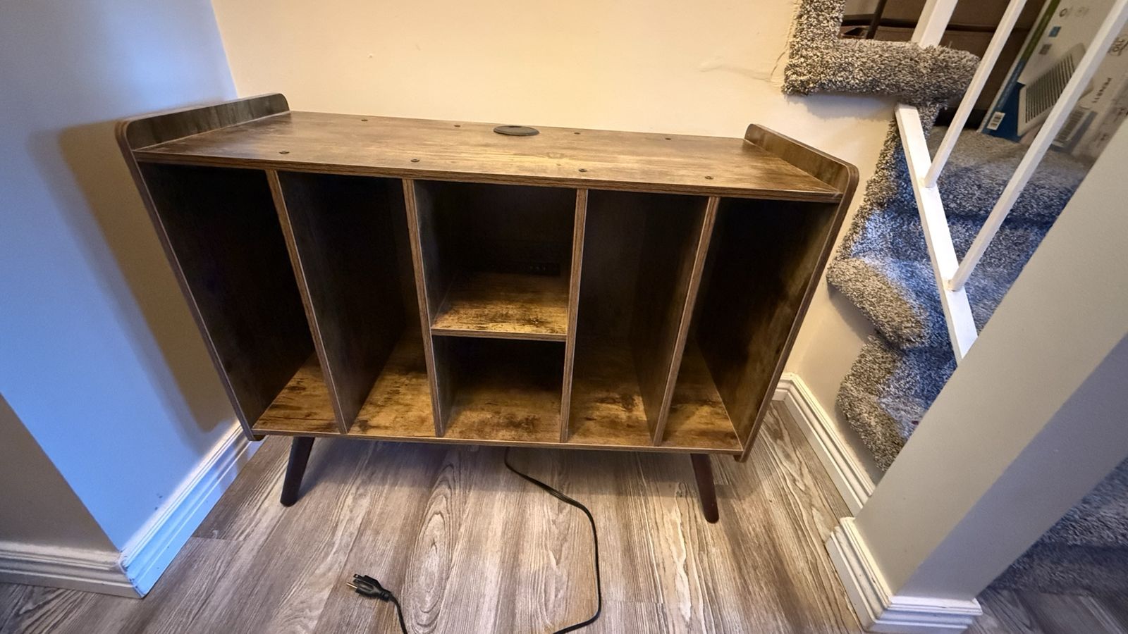 Record Player Stand with Vinyl Storage & Built-in Outlet
