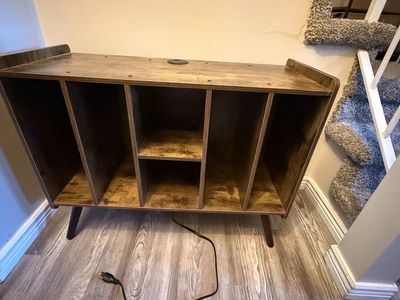 Record Player Stand with Vinyl Storage & Built-in Outlet
