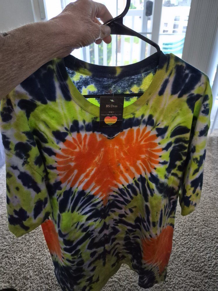 Handmade Tie-Dye T-Shirt with Orange Heart Design by BS Dyes