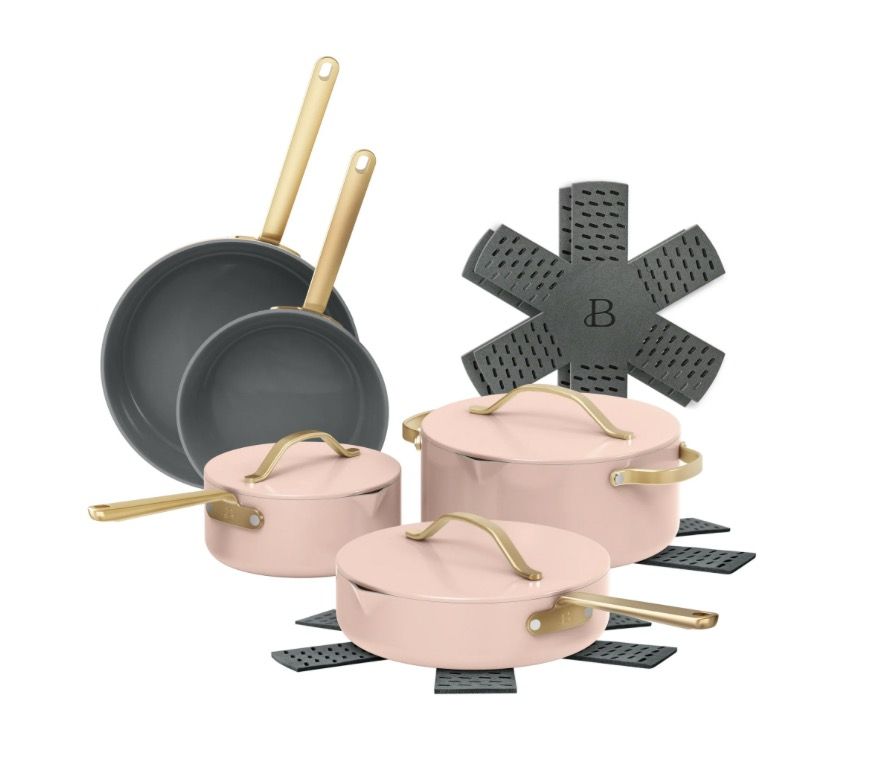 NEW Beautiful by Drew Barrymore 12-Piece Cookware Set EverGood Ceramic Nonstick Strainer Lids  Rose