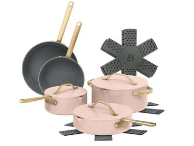 NEW Beautiful by Drew Barrymore 12-Piece Cookware Set EverGood Ceramic Nonstick Strainer Lids Rose