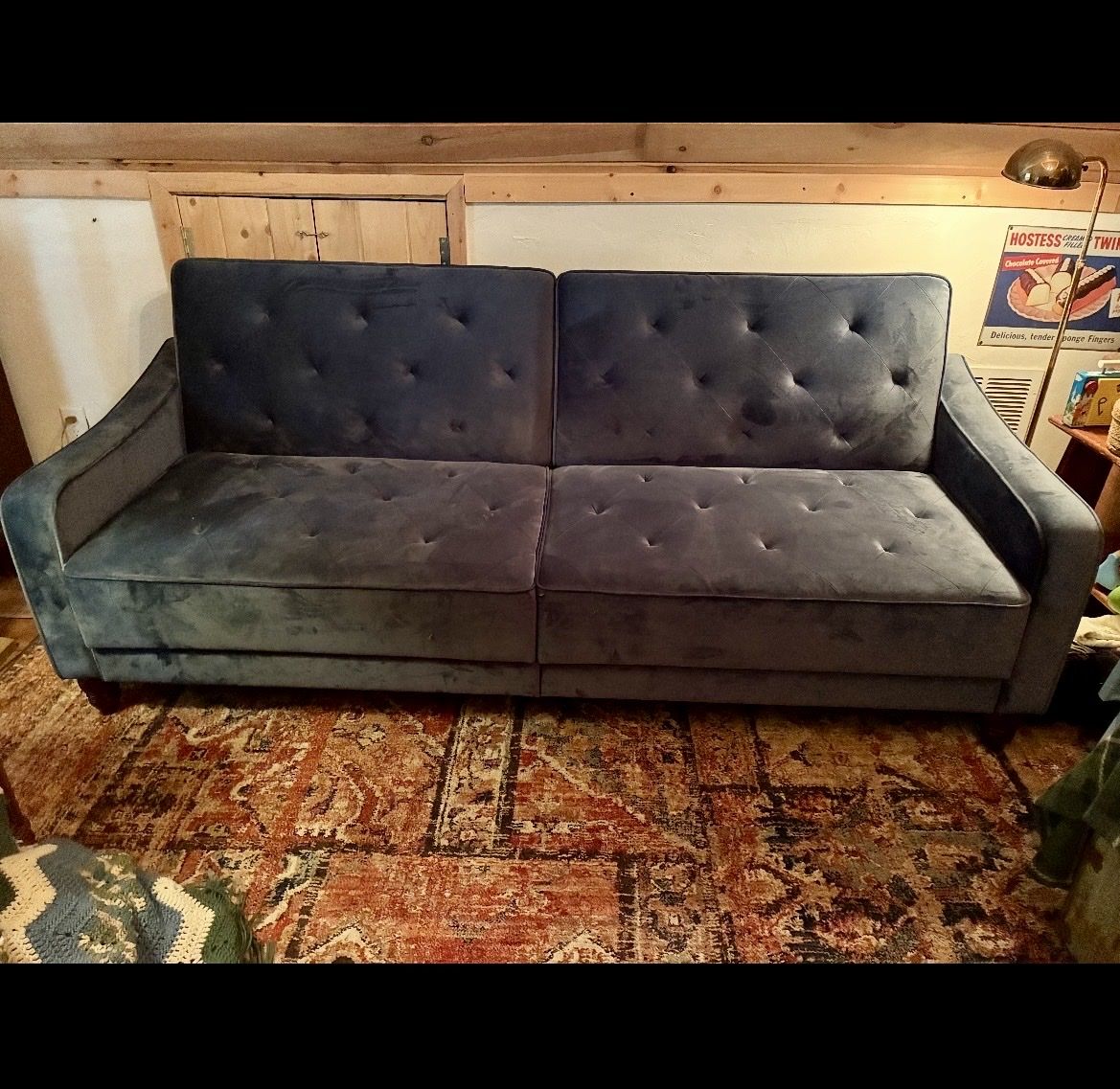 Blue Velvet Convertible Sleeper Sofa Bed – Excellent Condition