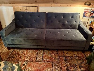 Blue Velvet Convertible Sleeper Sofa Bed – Excellent Condition