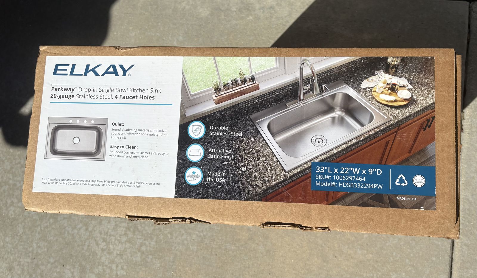 NEW Elkay Parkway 33 in. Drop-in Single Bowl 20-Gauge Stainless Kitchen Sink