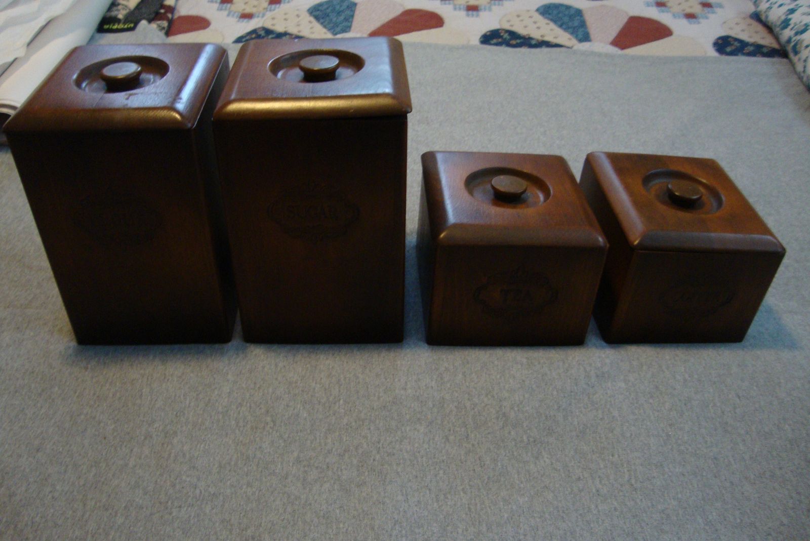 Vintage Dark Wood Kitchen Canister Set of 4 Carved Front with Lids & Liners