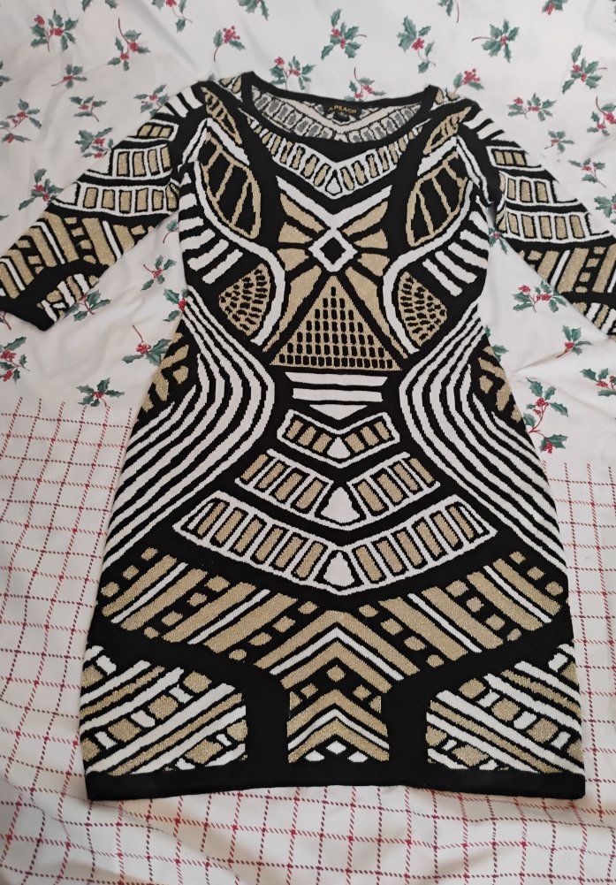 Black, White, and Gold Geometric Pattern Bodycon Dress - Size Small