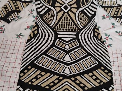 Black, White, and Gold Geometric Pattern Bodycon Dress - Size Small