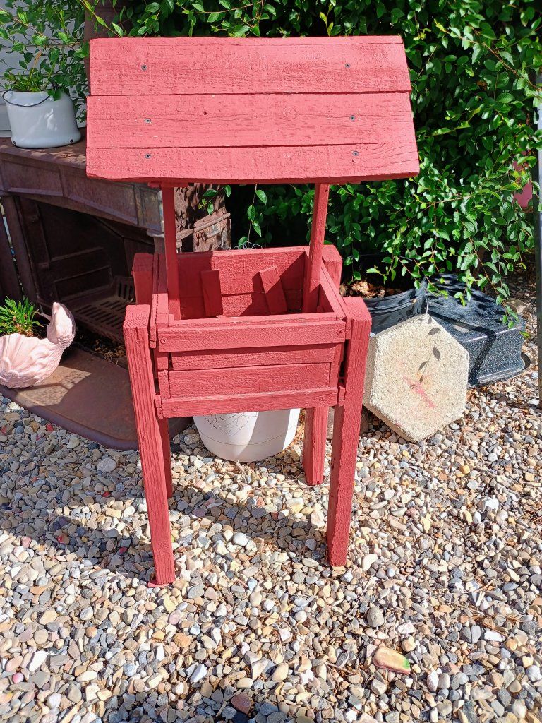 Red Wooden Wishing Well Planter Yard Decor