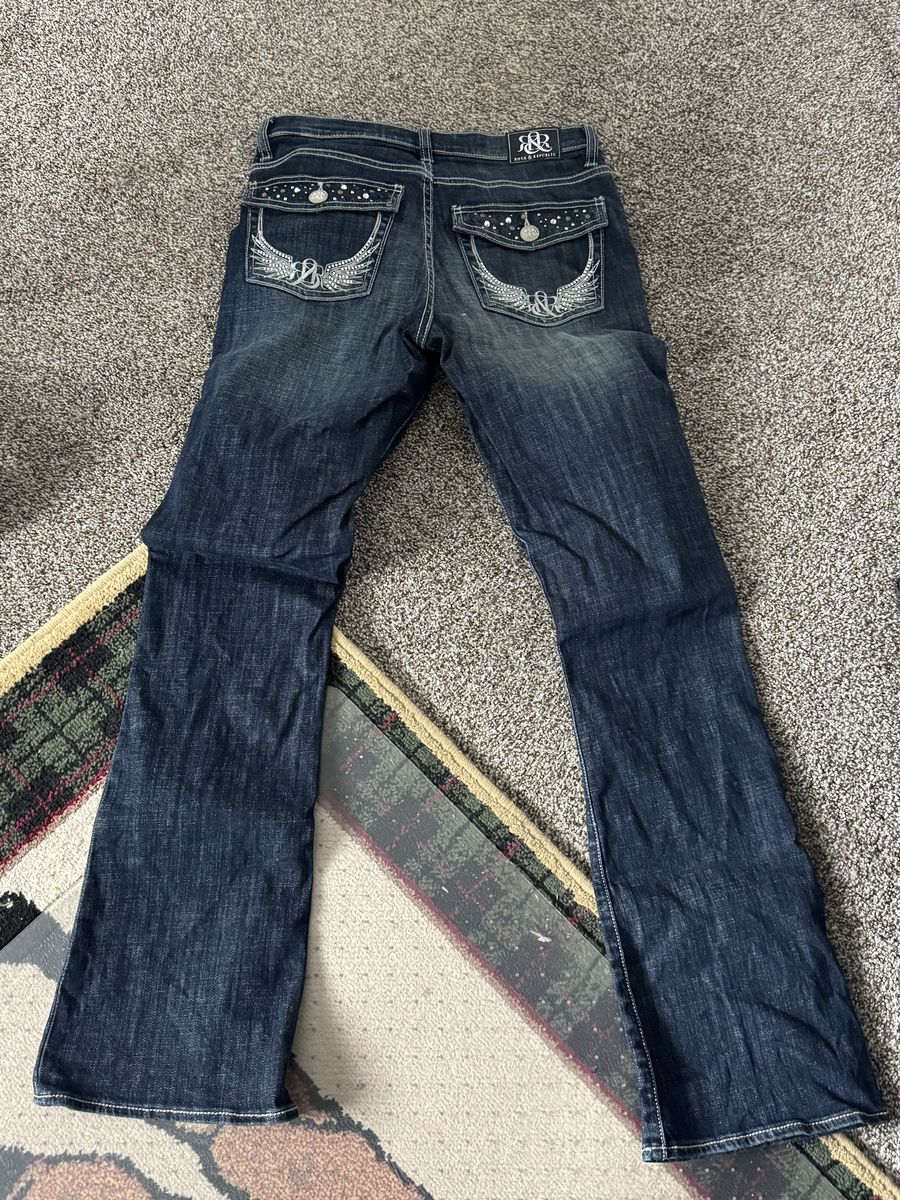Rock & Republic Kasandra Dark Wash Bootcut Jeans Size 8 Embellished Pockets Spandex Blend
