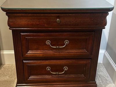 Pair of Elegant Wood Nightstands / End Table with 3 Drawers & Glass Top