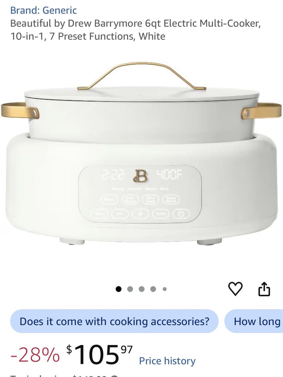 Beautiful by Drew Barrymore 6qt Electric Multi-Cooker, 10-in-1, 7 Preset Functions, White