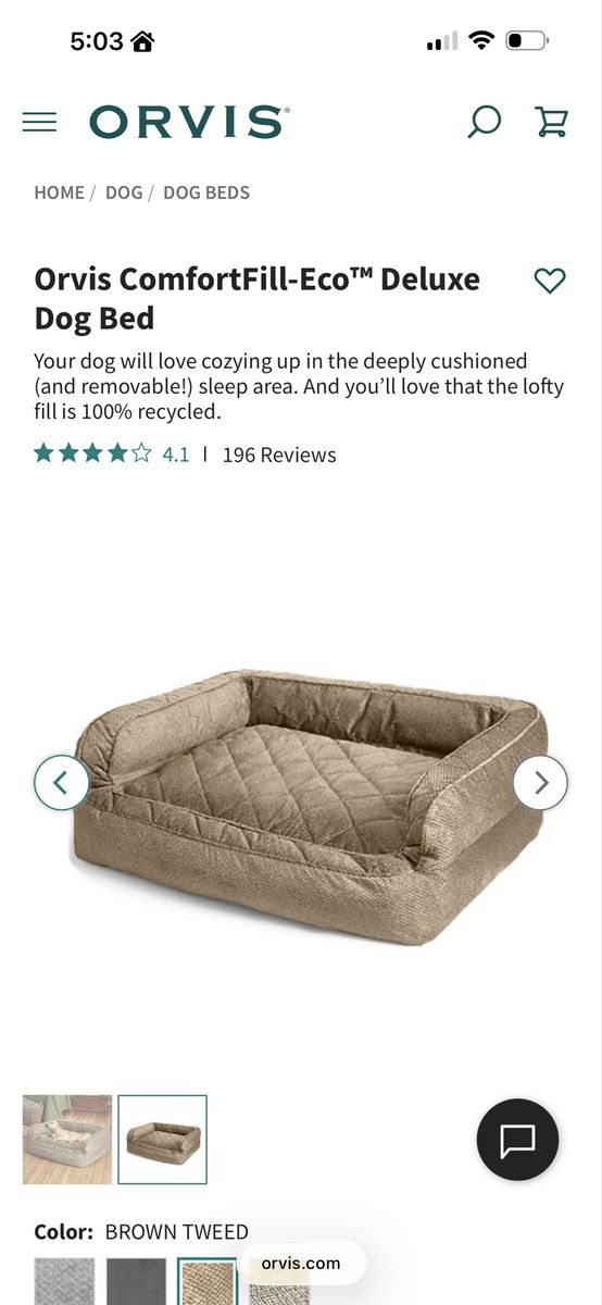 Orvis ComfortFill-Eco Deluxe Dog Bed - Brown Tweed, Size Medium (Washable, Recycled Fill)