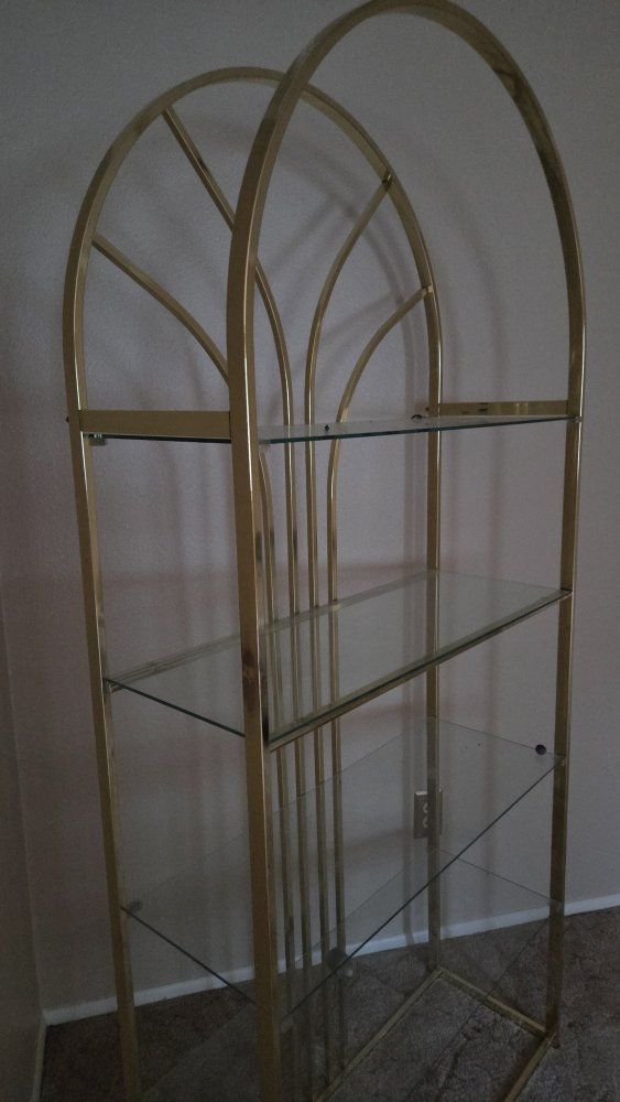 Vintage Brass & Glass Display Curio Cabinet Shelf - Arched Design