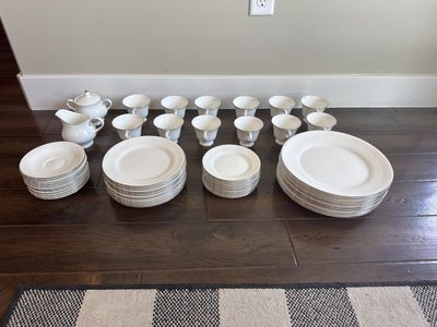12 Piece China Dinnerware Set - Plates, Saucers, Cups, Sugar, Creamer - Silver Rim