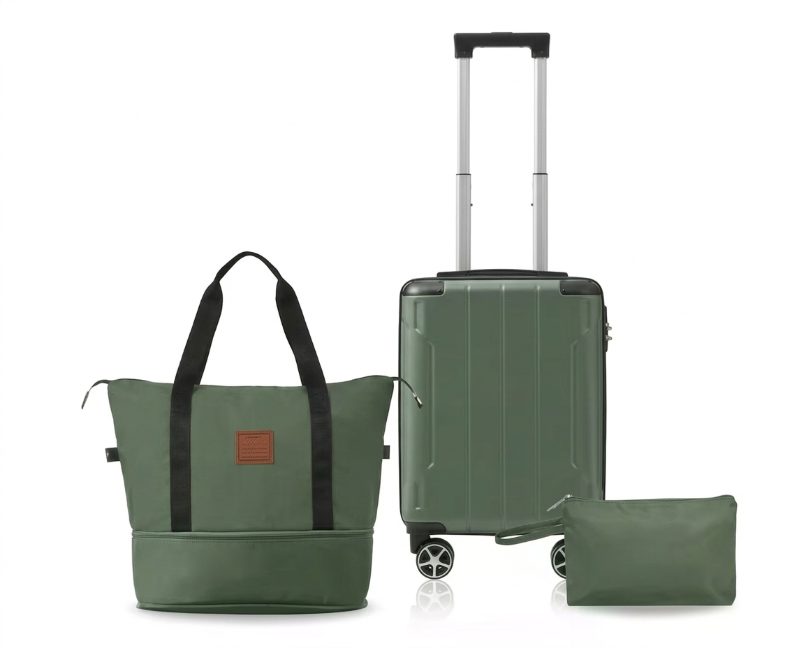Bundle Small Suitcase Green New Hard Shell with spinner wheels/Duffel Bag, Toiletry Bag