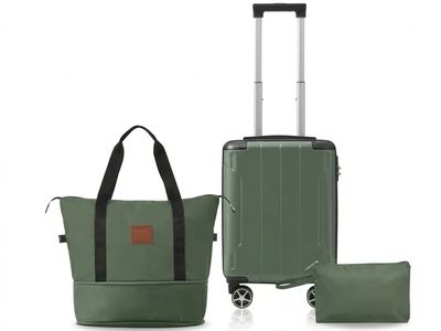 Bundle Small Suitcase Green New Hard Shell with spinner wheels/Duffel Bag, Toiletry Bag