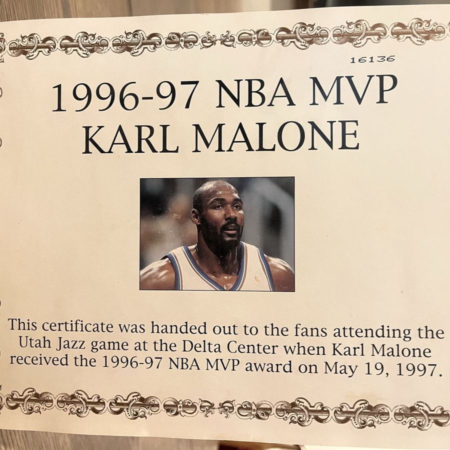 1996-97 Karl Malone NBA MVP Commemorative Fan Certificate - Utah Jazz Delta Center