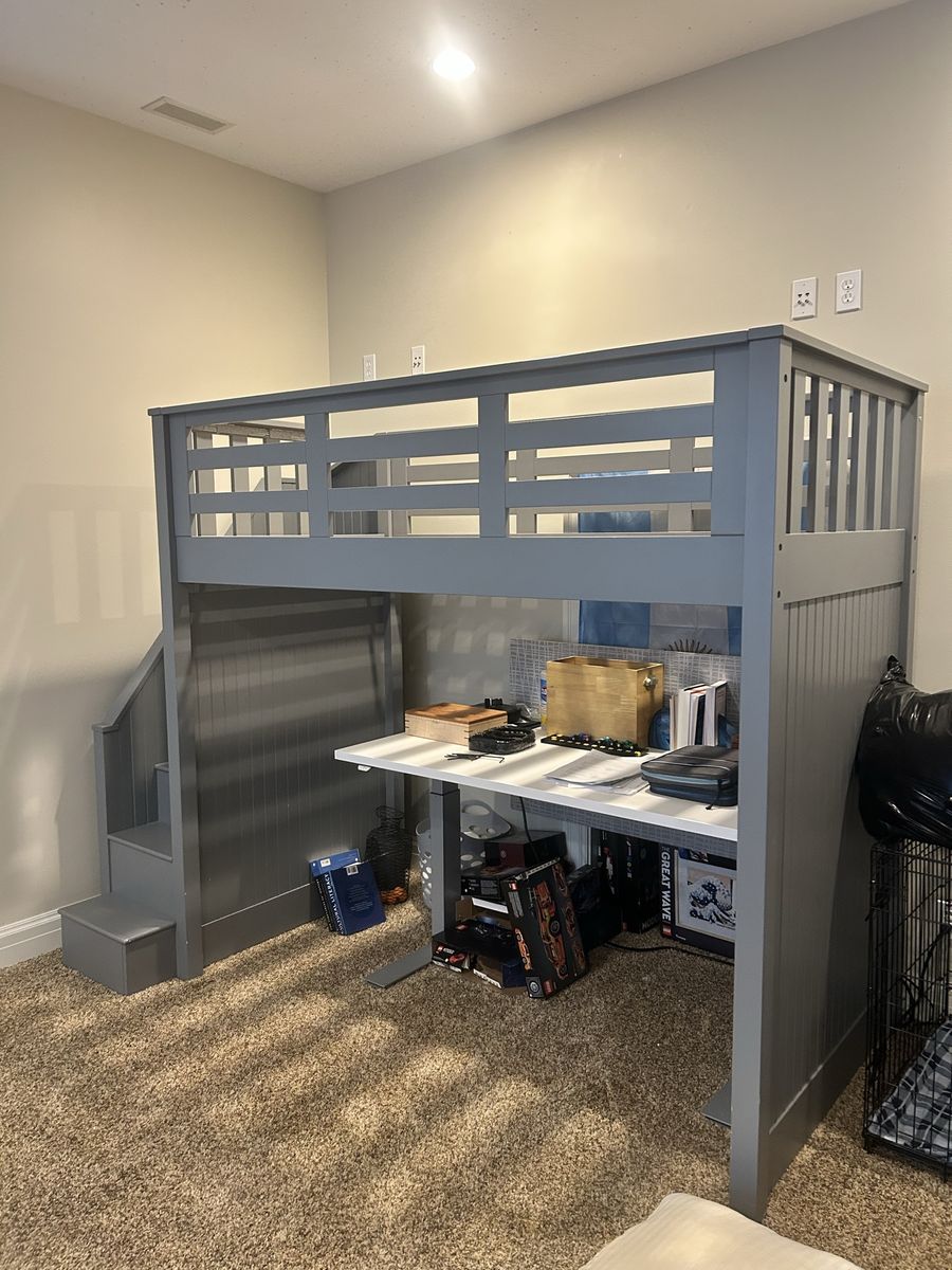 Gray Loft Bed with built in Stairs - Space Saving Twin/Full Size
