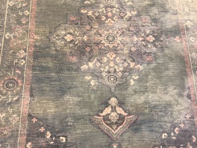 Vintage-Style Oriental Area Rug in Sage Green and Pink with Fringe
