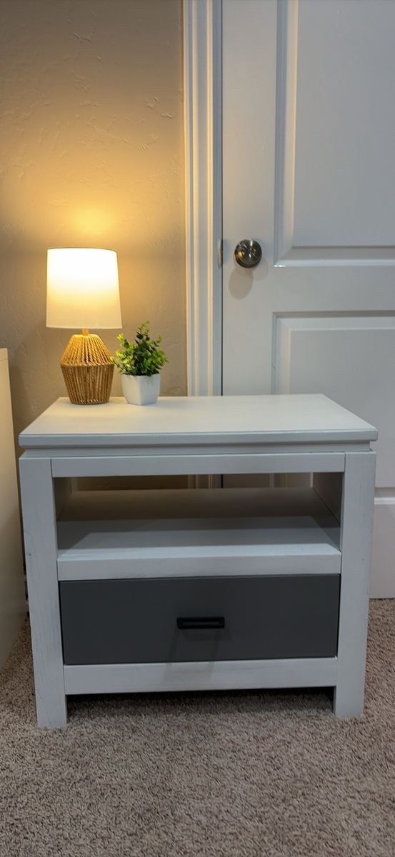 White and Grey Nightstand with Open Shelf and Drawer