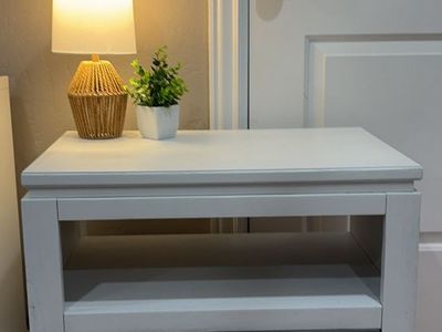White and Grey Nightstand with Open Shelf and Drawer