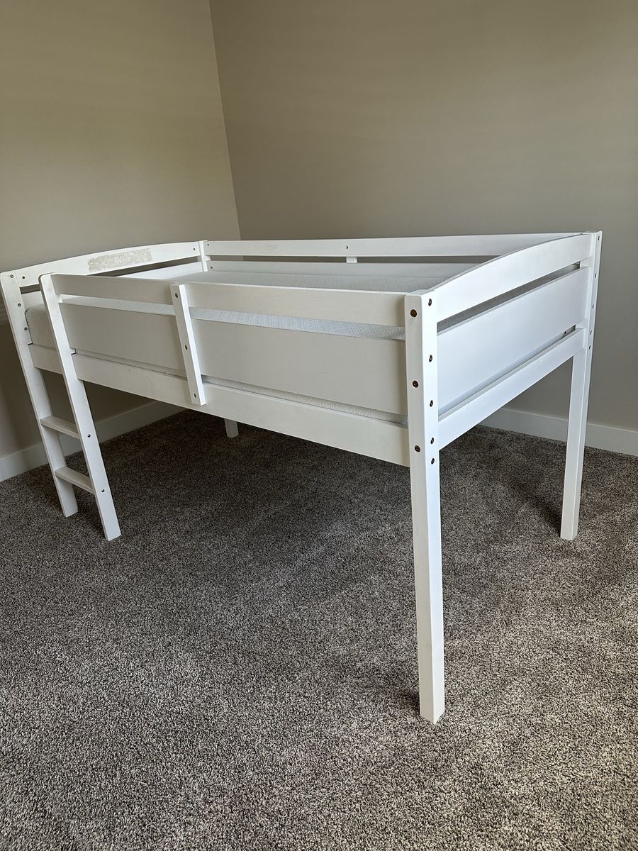 White Wood Loft Bed Frame - Twin Size with Ladder & Safety Rails - Great for Small Spaces